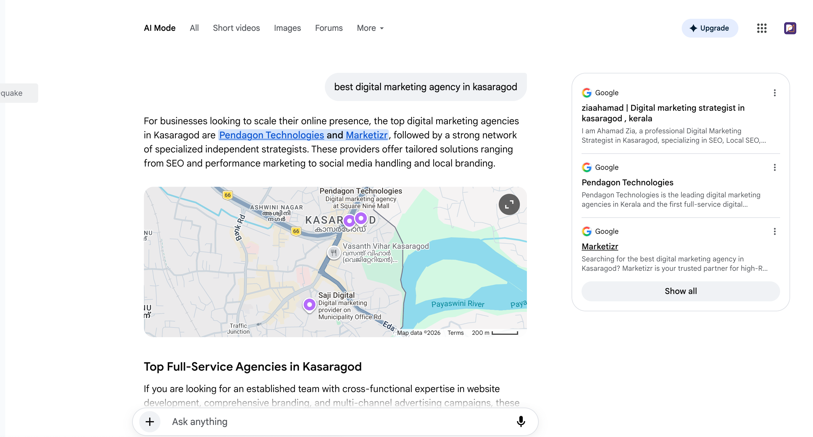 Pendagon Technologies: A mention in Google AI Mode — Google AI Mode · Generative search