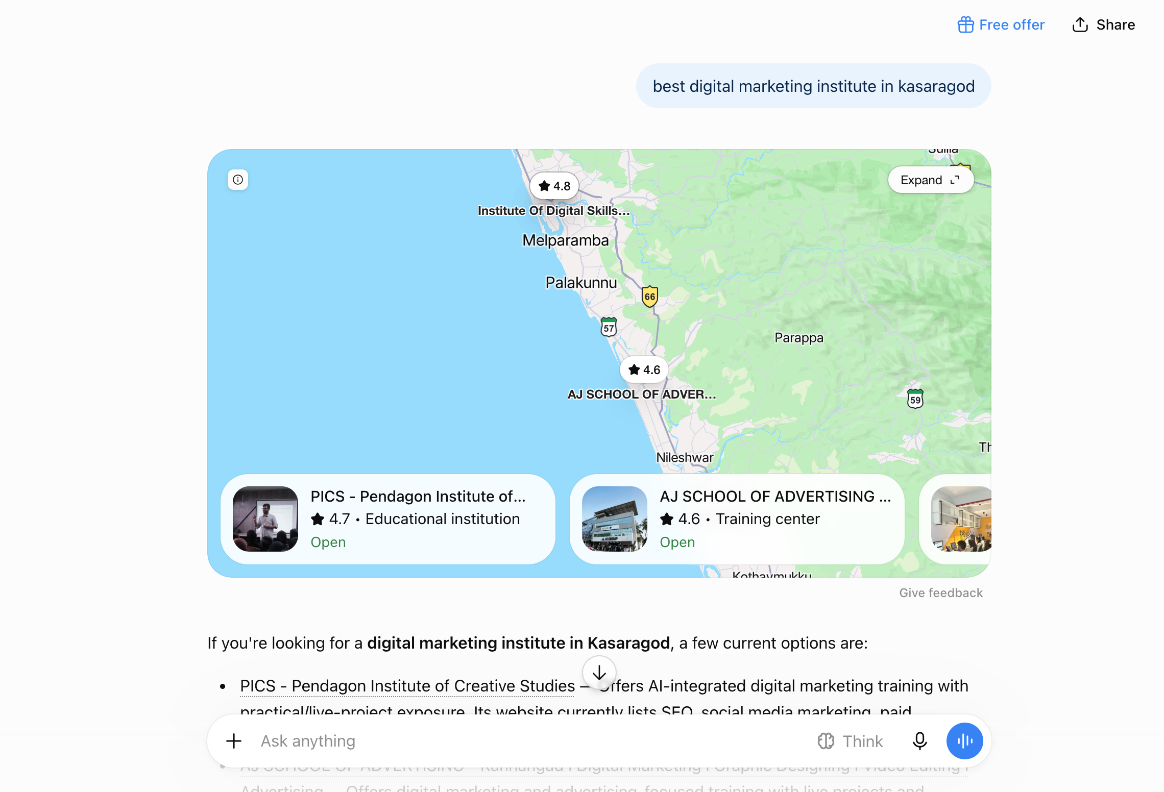 PICS Institute: Institute discovery through AI — AI answer · Local discovery